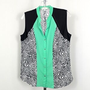 Halo Sheer Sleeveless V-Neck Button Front Green Black White Print Top M